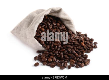 Overturned bag with roasted coffee beans isolated on white Stock Photo