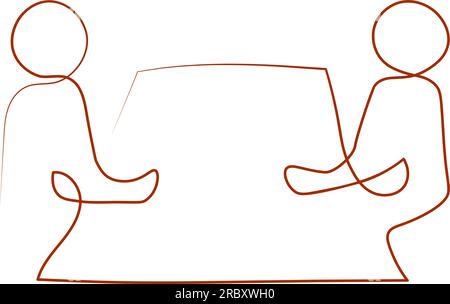 Candidate and headhunter sitting at the table drawing in minimal outline continuous line style Stock Vector