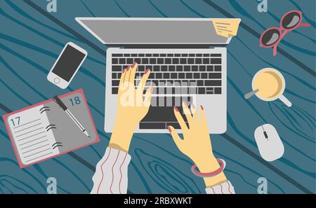 Work space of manager in home or office interior with woman hands drawing in flat style Stock Vector
