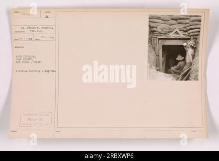 Soldiers from the 40th Division at Camp Kearny in San Diego, California, constructing a dug-out. Photographed by Lt. Edward N. Jackson of the Signal Corps on May 1, 1918. The photo was censored and released by the War College Division on May 3, 1918. Stock Photo