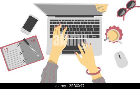Work space of manager in home or office interior with woman hands drawing on transparent background Stock Vector