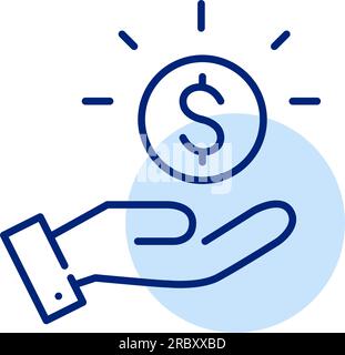 Sparkling coin with dollar sign in hand. Cash payment, earnings and investment tools. Pixel perfect, editable stroke Stock Vector