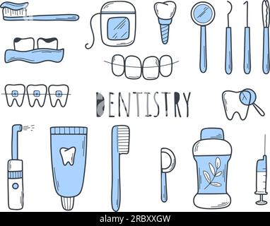 Hand drawn set of stomatology and oral hygiene. Dentistry color doodle icons. Aesthetics, treatment, prevention, extraction and implantation of teeth Stock Vector