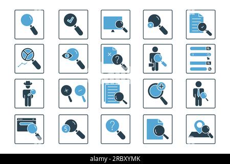 Search set icon. Contains magnifier icon, find, search engine, job search, detective, paid search, and more. Solid icon style design. Simple vector de Stock Vector