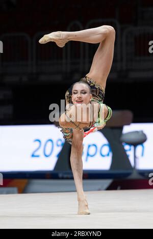 Darja VARFOLOMEEV wins the singles all-around, Darja VARFOLOMEEV, TSV Schmiden, action with the clubs, gymnastics, rhythmic gymnastics, singles all-around, on July 6th, 2023 in Duesseldorf/Germany. The finals 2023 Rhine-Ruhr from 06.07 - 09.07.2023 Stock Photo