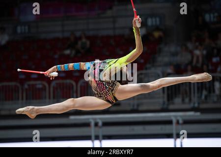 Darja VARFOLOMEEV wins the singles all-around, Darja VARFOLOMEEV, TSV Schmiden, action with the clubs, gymnastics, rhythmic gymnastics, singles all-around, on July 6th, 2023 in Duesseldorf/Germany. The finals 2023 Rhine-Ruhr from 06.07 - 09.07.2023 Stock Photo