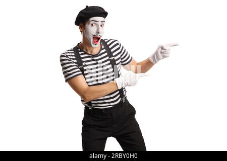 Mimic pointing at something isolated on white background Stock Photo