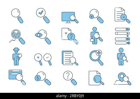 Search set icon. Contains magnifier icon, find, search engine, job search, detective, paid search, and more. Flat line icon style design. Simple vecto Stock Vector