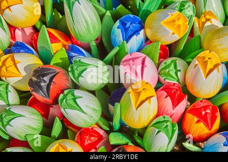 Background of colorful Dutch wooden tulips Stock Photo
