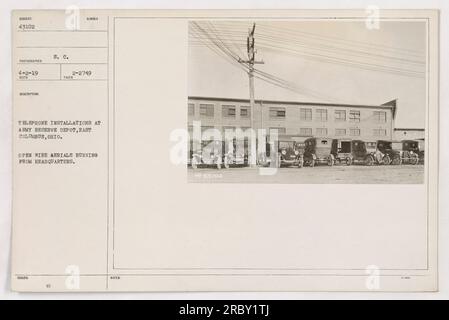 'Telephone installations at Army Reserve Depot, East Columbus, Ohio. Open wire aerials running from headquarters. Taken on 2/27/1919. Photographed by BUBIECT 43102 on 4-2-19 BEOD. Description from S.C. Issued 00 Number 2-2749. Notes include 943/02.' Stock Photo