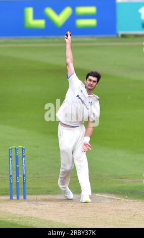 Hove UK 11th July 2023 - Henry Shipley bowling for Sussex against Derbyshire during day two of the LV= Insurance County Championship cricket match at the 1st Central County Ground in Hove : Credit Simon Dack /TPI/ Alamy Live News Stock Photo