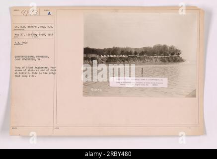 The image depicts the original camp site of 102nd Engineers at Camp Humphreys, VA during World War One. The photo shows a panorama of the shore at the end of the dock at Belvoir, highlighting the constructional progress. The image was taken on May 27, 1918. Stock Photo