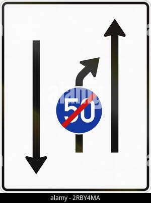 German road sign: Second lane with minimum speed ends. Oncoming traffic is shown. Stock Photo