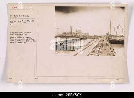 Constructional progress at Camp Humphreys, Virginia. This image shows the panorama of the shore at the end of a dock at Belvoir, which was the original camp site for the 102nd Engineers. The photograph was taken on May 27, 1918 by Lt. E.M. DeBerri. Stock Photo