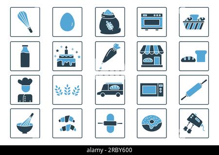 Bakery set icon. Contains element of bakery icon, whisk, oven, baker, bread, hand mixer and more. Solid icon style design. Simple vector design editab Stock Vector