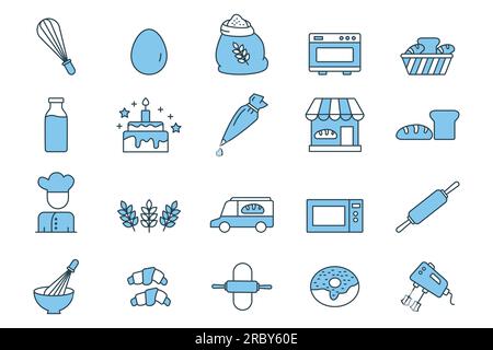 Bakery set icon. Contains element of bakery icon, whisk, oven, baker, bread, hand mixer and more. Flat line icon style design. Simple vector design ed Stock Vector