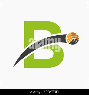 Volleyball Logo On Letter B With Moving Volleyball Ball Icon. Volley Ball Symbol Stock Vector