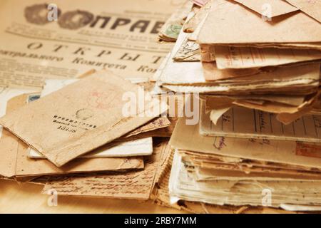 Envelopes with letters in time of World War2 on State newspaper Pravda.  Envelope is stamped: 'Viewed by military censorship', 1940s Stock Photo