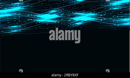 Blue transparent abstract shiny magical cosmic magical energy lines, rays with highlights and dots and light shines on a dark blue background from abo Stock Vector
