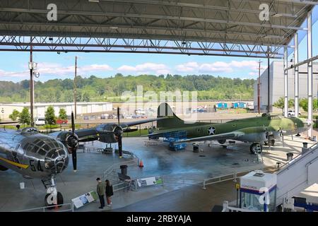 Boeing B-17F Flying Fortress and USAF Boeing B-29 Superfortress T-Square 54 WW2 heavy bomber Museum of Flight Seattle Washington State USA Stock Photo