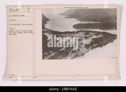 Aerial view of United States Military Academy, West Point, New York. This photograph was taken on October 5, 1920 by an unknown photographer. It is part of a collection of American military activities during World War One. The image shows the entire campus of the academy, including various buildings and training grounds. Stock Photo