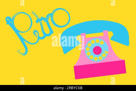 Retro, old, antique, hipster, vintage, ancient, disk, pink phone with a tube with a retro inscription written in beautiful blue letters on a yellow ba Stock Vector