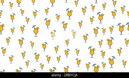Texture seamless pattern of beautiful nice tasty refreshing alcoholic drinks cocktails with a straw slice of lemon and ice on a white background. Vect Stock Vector