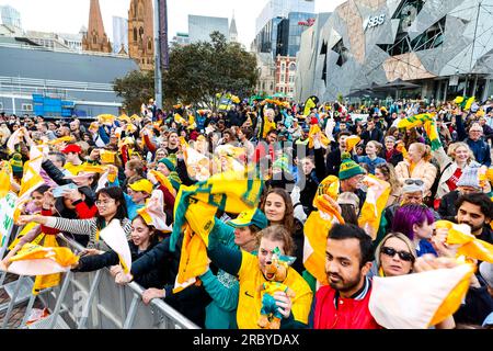 Melbourne, Australia. 11th July, 2023. Australian fans seen during the Matildas FIFA Women's World Cup Squad Presentation at Federation Square. Credit: SOPA Images Limited/Alamy Live News Stock Photo