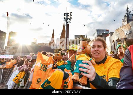 Melbourne, Australia. 11th July, 2023. Australian fans seen during the Matildas FIFA Women's World Cup Squad Presentation at Federation Square. Credit: SOPA Images Limited/Alamy Live News Stock Photo