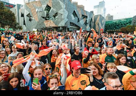 Melbourne, Australia. 11th July, 2023. Australian fans seen during the Matildas FIFA Women's World Cup Squad Presentation at Federation Square. Credit: SOPA Images Limited/Alamy Live News Stock Photo