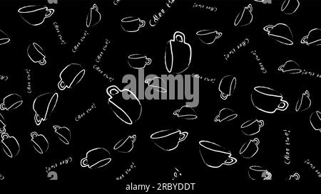 Texture seamless pattern of white cups of mugs with a pen of black coffee drawn in watercolor chalk paints and a coffee time inscription on a black ba Stock Vector