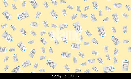 Endless seamless pattern of medical scientific medical objects paper records of medical records on a yellow background. Vector illustration. Stock Vector