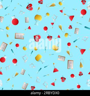Endless seamless pattern of medical scientific medical objects icons of droppers of hearts with the pulse of flasks of documents and microscopes on a Stock Vector
