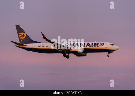 Ryanair Boeing 737 MAX airliner jet plane on finals to land at London Stansted Airport, Essex, UK. Boeing 737-8-200 MAX Stock Photo