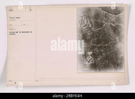 Aerial map showing the layout of trenches in France during World War One. The photograph, numbered 111-SC-8842, was taken by a photographer from the Signal Corps. The map provides a detailed view of the trenches with their corresponding symbols and includes the annotation '002' as a note. Stock Photo