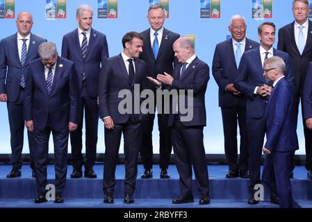 Vilnius, Lithuania. 11th July, 2023. Participants pose for a photo during the NATO summit in Vilnius, Lithuania, July 11, 2023. TO GO WITH 'NATO summit opens in Vilnius amid protests, criticisms' Credit: Zheng Huansong/Xinhua/Alamy Live News Stock Photo