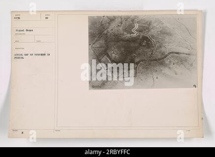 Aerial map showing the layout and location of trenches in France during World War One. This photograph, numbered 111-SC-8570, was taken by a photographer from the Signal Corps. The map provides critical information about the military activities and conditions on the ground. Stock Photo
