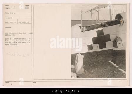 This image shows a Red Cross hospital ship at Kelly Field in Texas during World War One. The ship is identified as Number 31431 and is a Type R.4, Curtiss-Remodeled. It features a balance bag and compartment, as well as a Red Cross kit and first aid appliance box. The photograph was taken on December 7, 1918, and the description was received on December 21, 1918. Please note that the check number is not specified in the information. Stock Photo