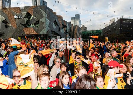 Melbourne, Australia. 11th July, 2023. Australian fans seen during the Matildas FIFA Women's World Cup Squad Presentation at Federation Square. (Photo by George Hitchens/SOPA Images/Sipa USA) Credit: Sipa USA/Alamy Live News Stock Photo