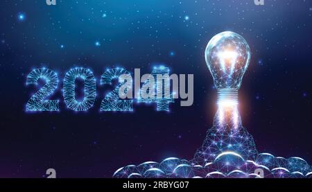 Bulb launch, wireframe polygonal style. Internet technology network, business startup concept with glowing low poly rocket. Futuristic modern abstract Stock Vector
