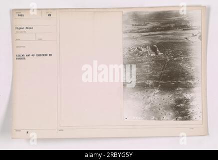 Aerial photograph showing a detailed map of trenches in France during World War One. The photograph, numbered 8865, was taken by a photographer from the Signal Corps. This informative image provides crucial information about the layout and positioning of military activities in the region. Stock Photo