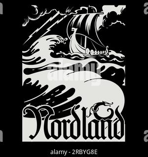 Scandinavian Viking design. Viking ship Drakkar sails on the waves of the stormy sea Stock Vector