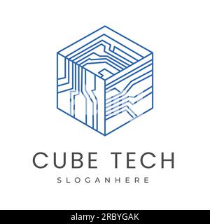 Vintage Futuristic Box Cube Digital Electronic Circuit Chip design for Smart Tech Logo design,symbol design template Stock Vector