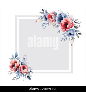 Square blue frame with red vintage flowers, leaves and branches in vintage watercolor style. Vector FRAME Stock Vector