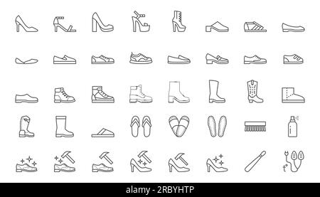 Shoe line icon set. High heels sandal, cowboy boots, hiking footwear, sneakers, slipper, moccasin, loafer minimal vector illustrations. Simple outline Stock Vector