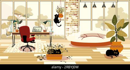 Office facilities and design isolated cartoon vector illustrations set. Funny black cats in the room play and hide in indoor plants. Retro style 60s, 70s. Pet friendly. Bright interior with large windows and wooden floors. Stock Vector