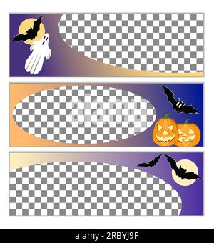 Set of horizontal simple wide banners in Halloween style with holiday attributes - bats, pumpkin lanterns and ghosts. Layout, mockup, template for Stock Vector