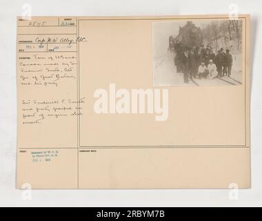 Sir Frederick Smith, Attorney General of Great Britain, and his party pose in front of an engine during their tour of the United States and Canada. Photo taken in January 1917. This image is part of the Photographs of American Military Activities collection from World War One. Stock Photo