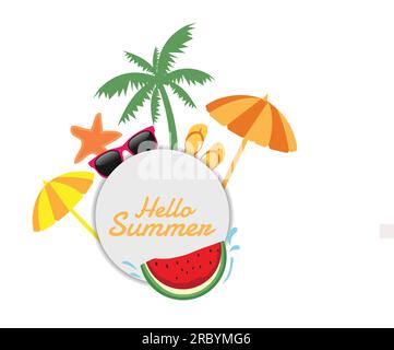 Hello Summer Vector Banner Design. Hello Summer Greeting In White Circle For Text With Beach Stock Vector