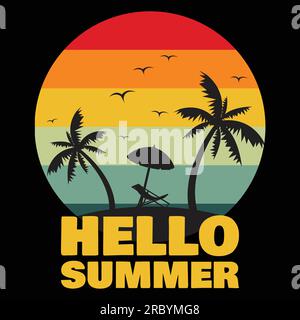 Summer beach logo vector illustration. Vector illustration of summer beach logo, sunset logo, mountains, coconut trees, for t-shirts and other uses Stock Vector